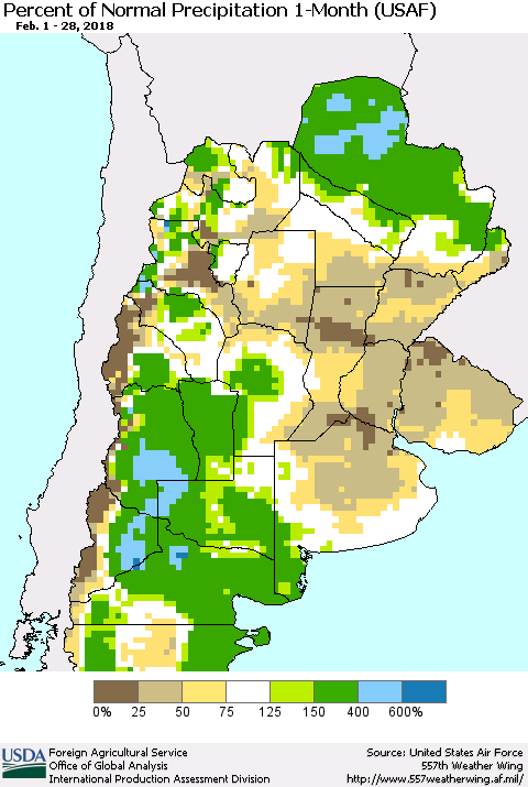 Southern South America Percent of Normal Precipitation 1-Month (USAF) Thematic Map For 2/1/2018 - 2/28/2018