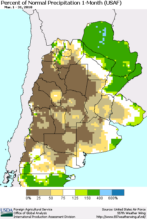 Southern South America Percent of Normal Precipitation 1-Month (USAF) Thematic Map For 3/1/2018 - 3/31/2018