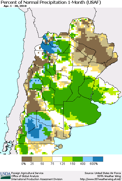 Southern South America Percent of Normal Precipitation 1-Month (USAF) Thematic Map For 4/1/2018 - 4/30/2018