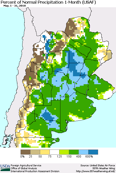 Southern South America Percent of Normal Precipitation 1-Month (USAF) Thematic Map For 5/1/2018 - 5/31/2018