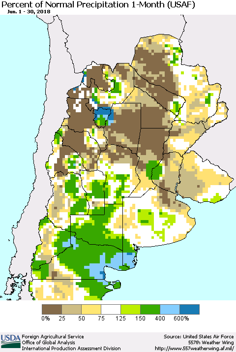 Southern South America Percent of Normal Precipitation 1-Month (USAF) Thematic Map For 6/1/2018 - 6/30/2018