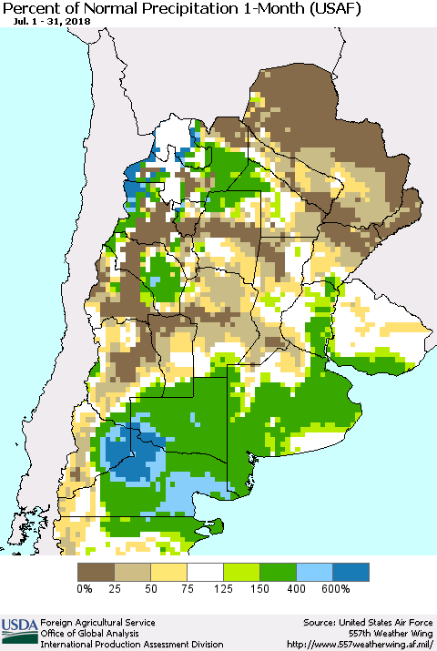Southern South America Percent of Normal Precipitation 1-Month (USAF) Thematic Map For 7/1/2018 - 7/31/2018