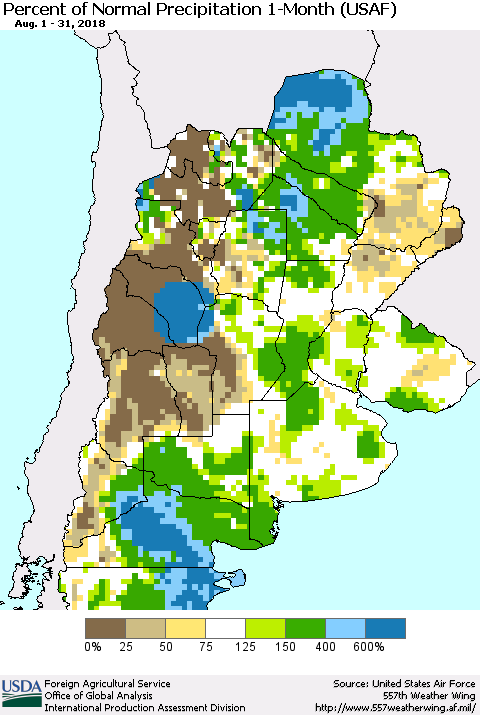 Southern South America Percent of Normal Precipitation 1-Month (USAF) Thematic Map For 8/1/2018 - 8/31/2018