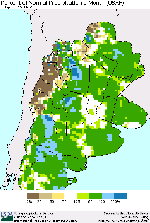 Southern South America Percent of Normal Precipitation 1-Month (USAF) Thematic Map For 9/1/2018 - 9/30/2018