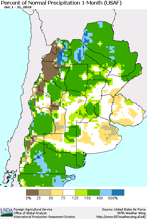 Southern South America Percent of Normal Precipitation 1-Month (USAF) Thematic Map For 10/1/2018 - 10/31/2018
