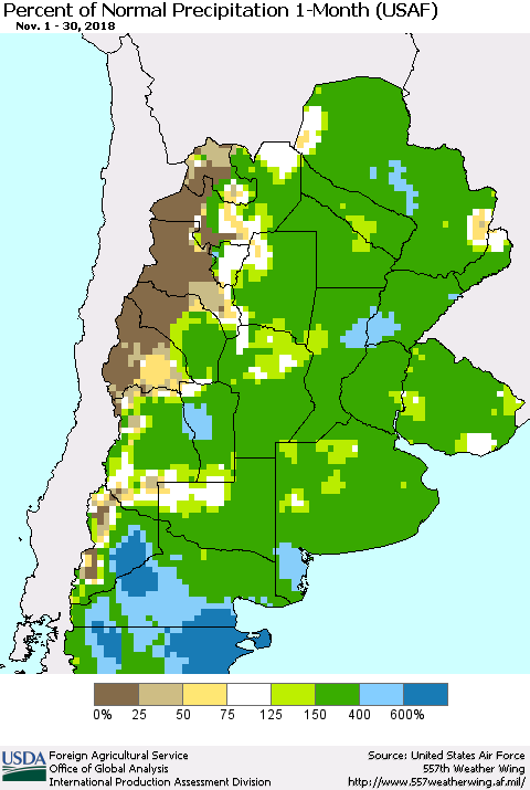 Southern South America Percent of Normal Precipitation 1-Month (USAF) Thematic Map For 11/1/2018 - 11/30/2018