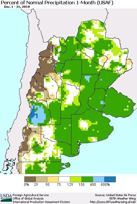 Southern South America Percent of Normal Precipitation 1-Month (USAF) Thematic Map For 12/1/2018 - 12/31/2018