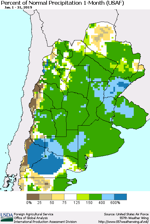 Southern South America Percent of Normal Precipitation 1-Month (USAF) Thematic Map For 1/1/2019 - 1/31/2019