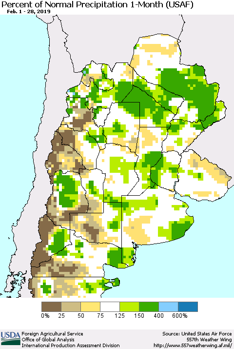 Southern South America Percent of Normal Precipitation 1-Month (USAF) Thematic Map For 2/1/2019 - 2/28/2019