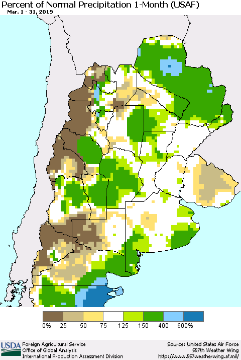 Southern South America Percent of Normal Precipitation 1-Month (USAF) Thematic Map For 3/1/2019 - 3/31/2019