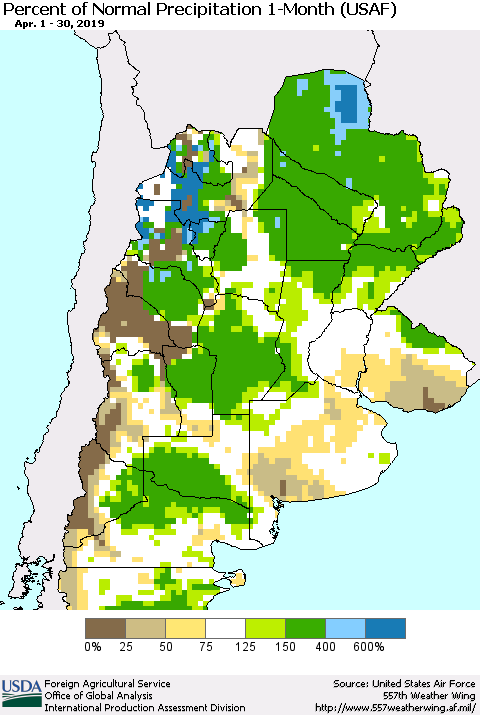 Southern South America Percent of Normal Precipitation 1-Month (USAF) Thematic Map For 4/1/2019 - 4/30/2019