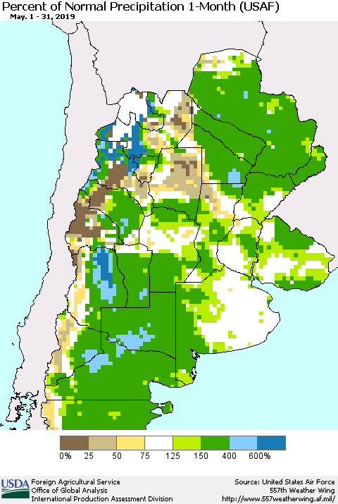 Southern South America Percent of Normal Precipitation 1-Month (USAF) Thematic Map For 5/1/2019 - 5/31/2019