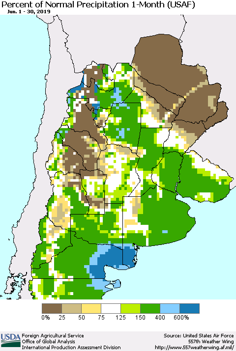 Southern South America Percent of Normal Precipitation 1-Month (USAF) Thematic Map For 6/1/2019 - 6/30/2019