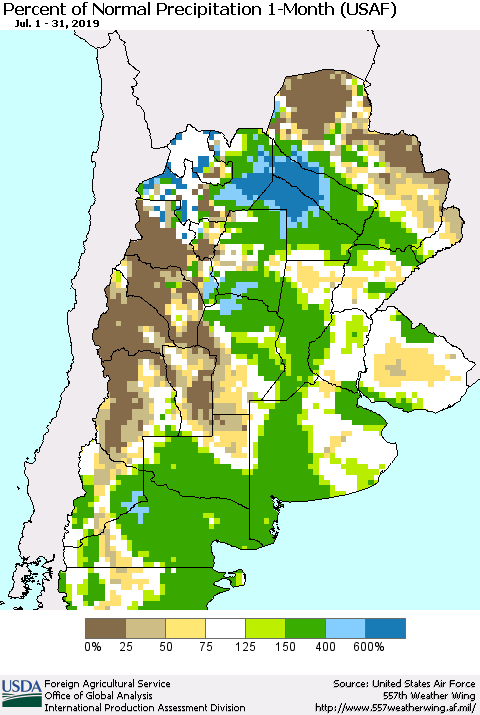 Southern South America Percent of Normal Precipitation 1-Month (USAF) Thematic Map For 7/1/2019 - 7/31/2019