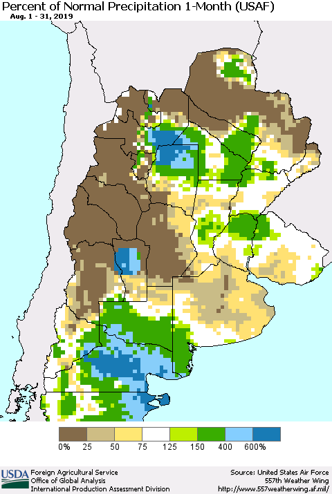 Southern South America Percent of Normal Precipitation 1-Month (USAF) Thematic Map For 8/1/2019 - 8/31/2019