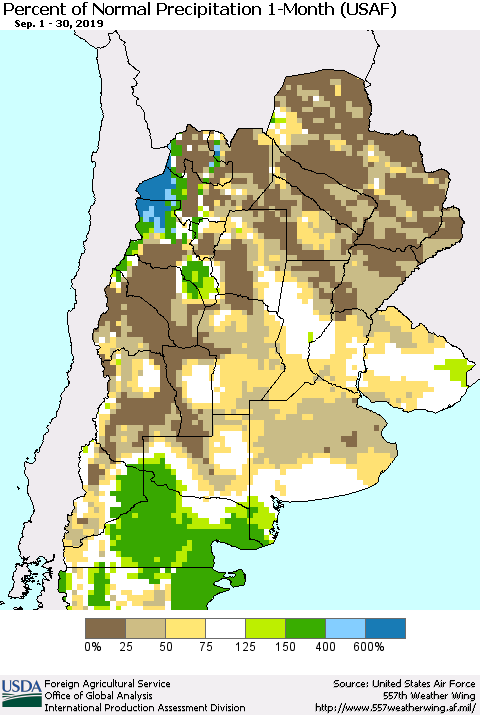 Southern South America Percent of Normal Precipitation 1-Month (USAF) Thematic Map For 9/1/2019 - 9/30/2019