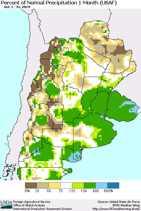 Southern South America Percent of Normal Precipitation 1-Month (USAF) Thematic Map For 10/1/2019 - 10/31/2019