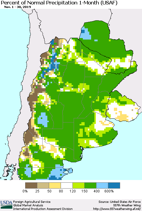 Southern South America Percent of Normal Precipitation 1-Month (USAF) Thematic Map For 11/1/2019 - 11/30/2019