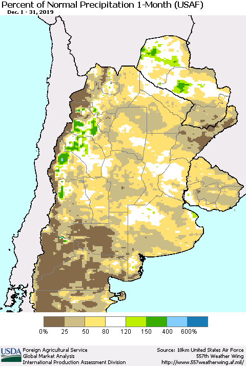 Southern South America Percent of Normal Precipitation 1-Month (USAF) Thematic Map For 12/1/2019 - 12/31/2019
