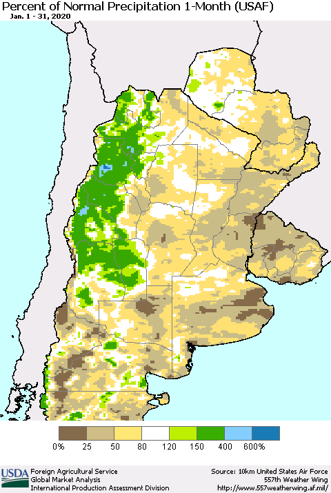 Southern South America Percent of Normal Precipitation 1-Month (USAF) Thematic Map For 1/1/2020 - 1/31/2020