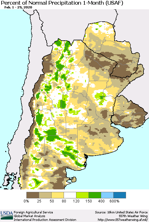 Southern South America Percent of Normal Precipitation 1-Month (USAF) Thematic Map For 2/1/2020 - 2/29/2020