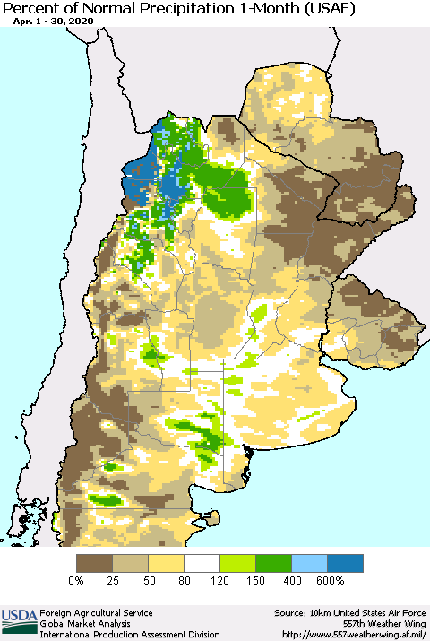 Southern South America Percent of Normal Precipitation 1-Month (USAF) Thematic Map For 4/1/2020 - 4/30/2020