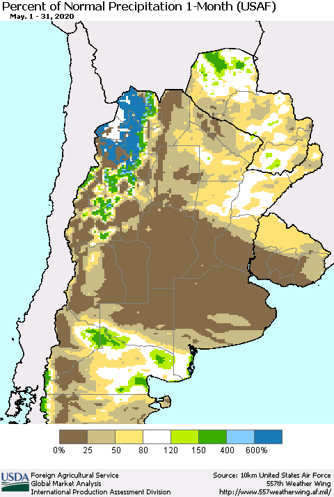 Southern South America Percent of Normal Precipitation 1-Month (USAF) Thematic Map For 5/1/2020 - 5/31/2020