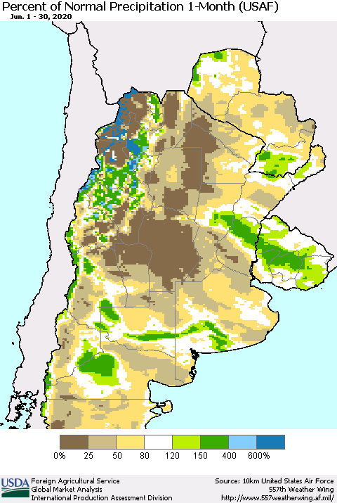 Southern South America Percent of Normal Precipitation 1-Month (USAF) Thematic Map For 6/1/2020 - 6/30/2020
