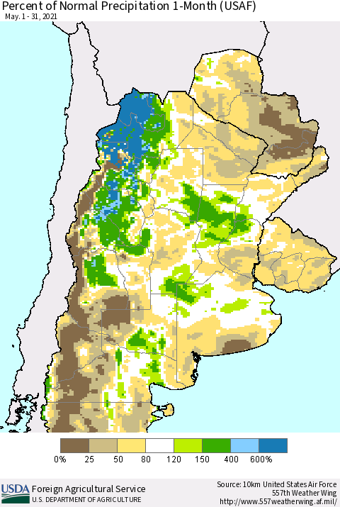 Southern South America Percent of Normal Precipitation 1-Month (USAF) Thematic Map For 5/1/2021 - 5/31/2021