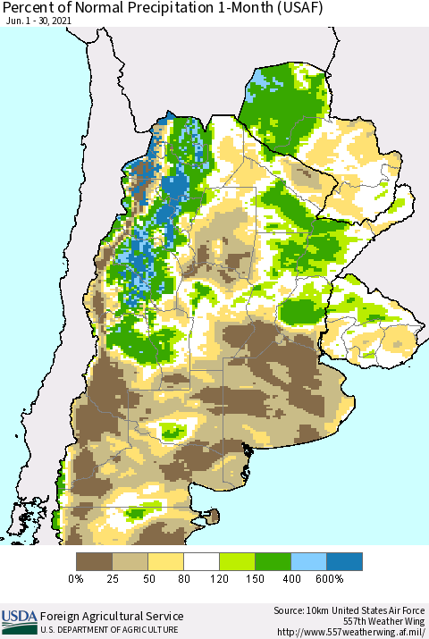 Southern South America Percent of Normal Precipitation 1-Month (USAF) Thematic Map For 6/1/2021 - 6/30/2021
