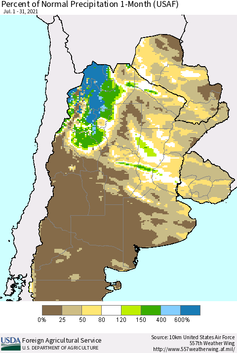 Southern South America Percent of Normal Precipitation 1-Month (USAF) Thematic Map For 7/1/2021 - 7/31/2021