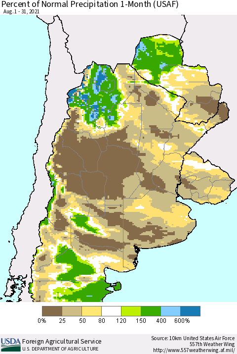Southern South America Percent of Normal Precipitation 1-Month (USAF) Thematic Map For 8/1/2021 - 8/31/2021