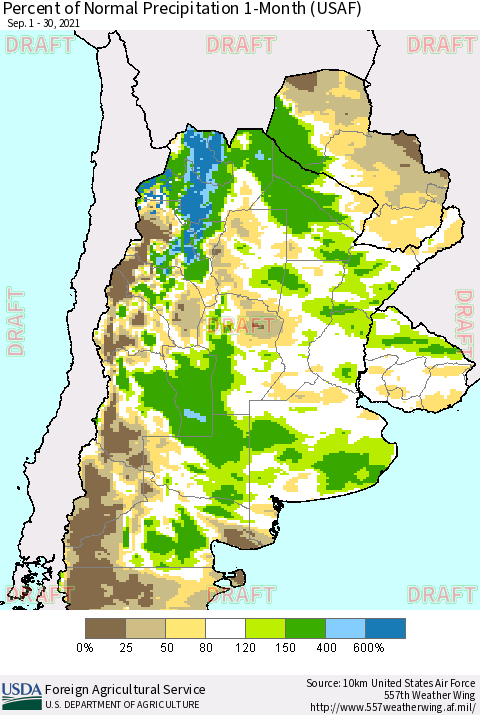 Southern South America Percent of Normal Precipitation 1-Month (USAF) Thematic Map For 9/1/2021 - 9/30/2021