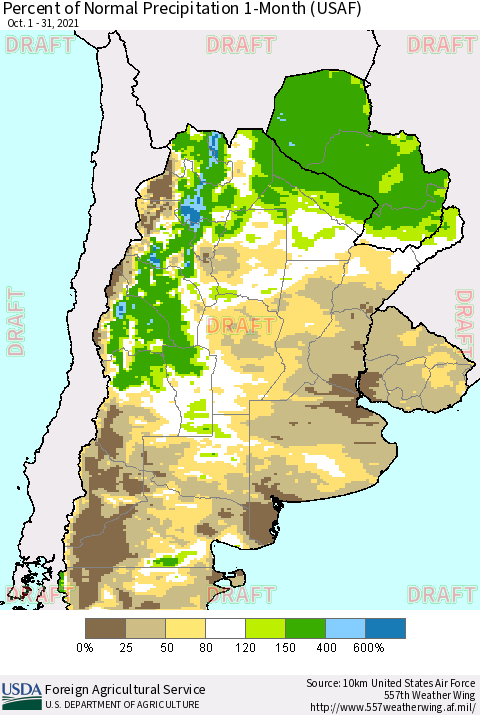 Southern South America Percent of Normal Precipitation 1-Month (USAF) Thematic Map For 10/1/2021 - 10/31/2021