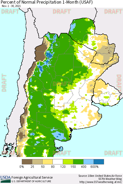Southern South America Percent of Normal Precipitation 1-Month (USAF) Thematic Map For 11/1/2021 - 11/30/2021