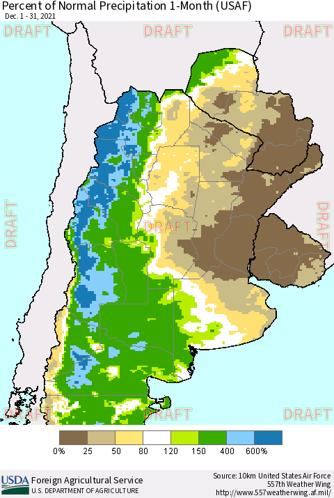 Southern South America Percent of Normal Precipitation 1-Month (USAF) Thematic Map For 12/1/2021 - 12/31/2021