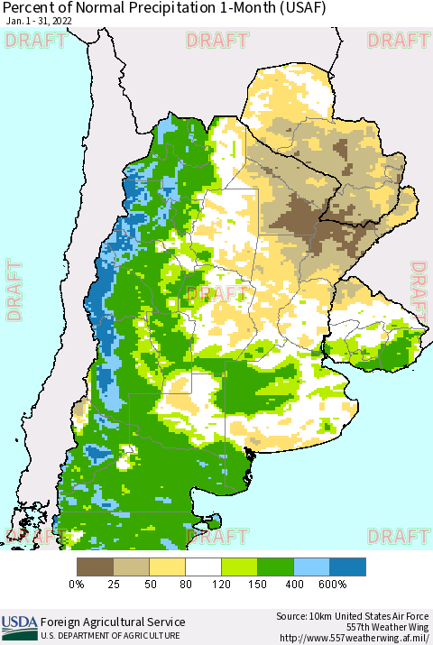 Southern South America Percent of Normal Precipitation 1-Month (USAF) Thematic Map For 1/1/2022 - 1/31/2022