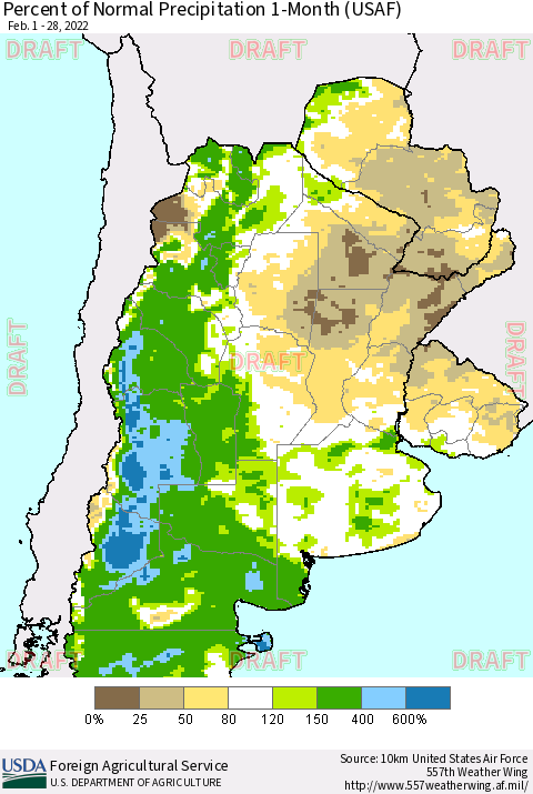 Southern South America Percent of Normal Precipitation 1-Month (USAF) Thematic Map For 2/1/2022 - 2/28/2022