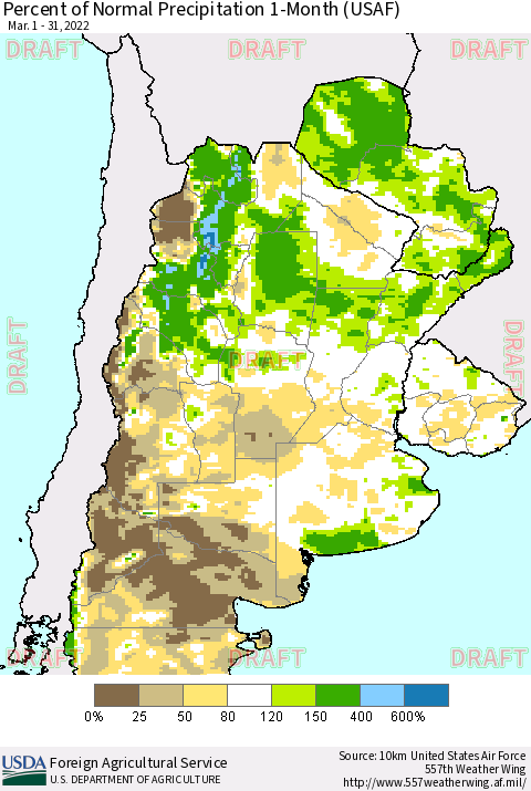 Southern South America Percent of Normal Precipitation 1-Month (USAF) Thematic Map For 3/1/2022 - 3/31/2022