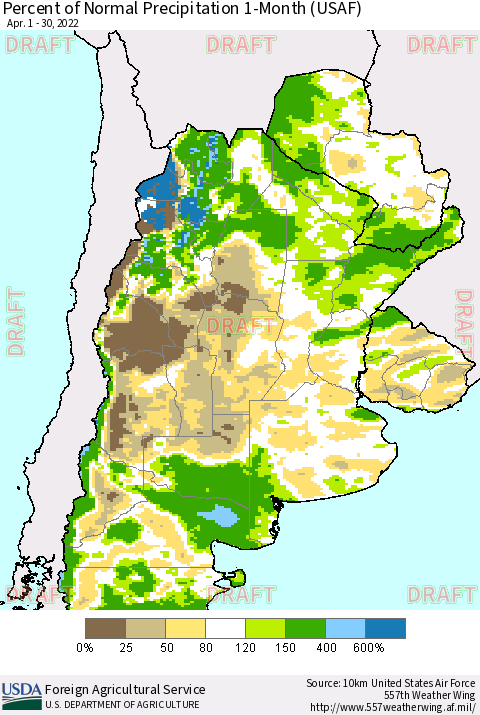Southern South America Percent of Normal Precipitation 1-Month (USAF) Thematic Map For 4/1/2022 - 4/30/2022