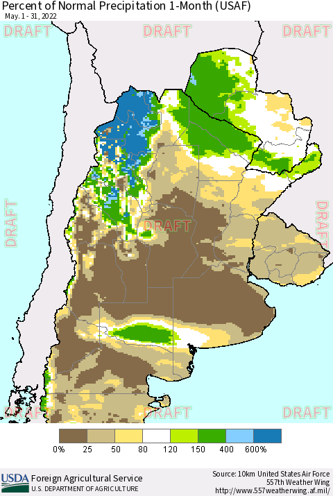 Southern South America Percent of Normal Precipitation 1-Month (USAF) Thematic Map For 5/1/2022 - 5/31/2022