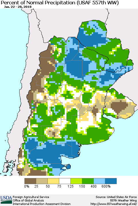 Southern South America Percent of Normal Precipitation (USAF 557th WW) Thematic Map For 1/22/2018 - 1/28/2018
