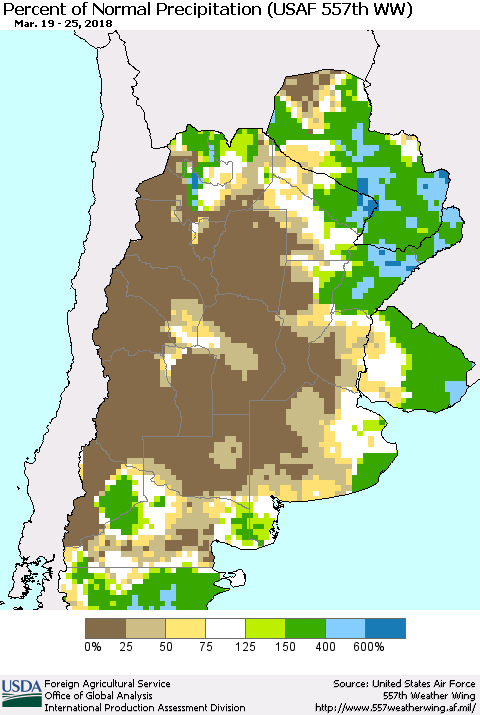 Southern South America Percent of Normal Precipitation (USAF 557th WW) Thematic Map For 3/19/2018 - 3/25/2018
