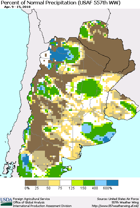 Southern South America Percent of Normal Precipitation (USAF 557th WW) Thematic Map For 4/9/2018 - 4/15/2018