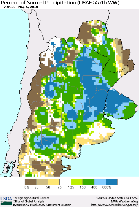 Southern South America Percent of Normal Precipitation (USAF 557th WW) Thematic Map For 4/30/2018 - 5/6/2018