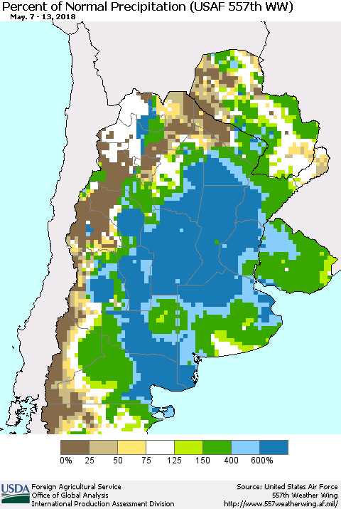 Southern South America Percent of Normal Precipitation (USAF 557th WW) Thematic Map For 5/7/2018 - 5/13/2018