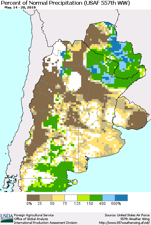 Southern South America Percent of Normal Precipitation (USAF 557th WW) Thematic Map For 5/14/2018 - 5/20/2018