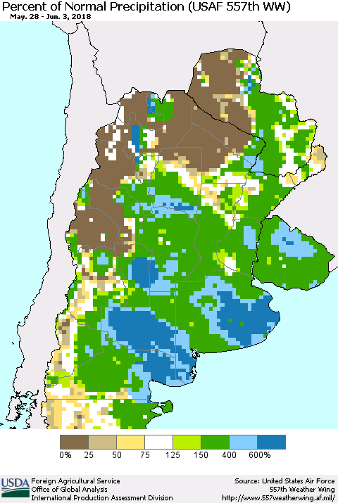 Southern South America Percent of Normal Precipitation (USAF 557th WW) Thematic Map For 5/28/2018 - 6/3/2018