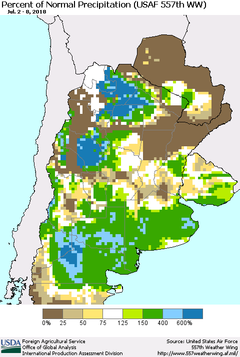 Southern South America Percent of Normal Precipitation (USAF 557th WW) Thematic Map For 7/2/2018 - 7/8/2018