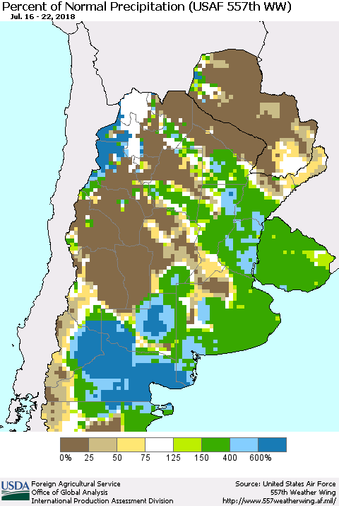 Southern South America Percent of Normal Precipitation (USAF 557th WW) Thematic Map For 7/16/2018 - 7/22/2018